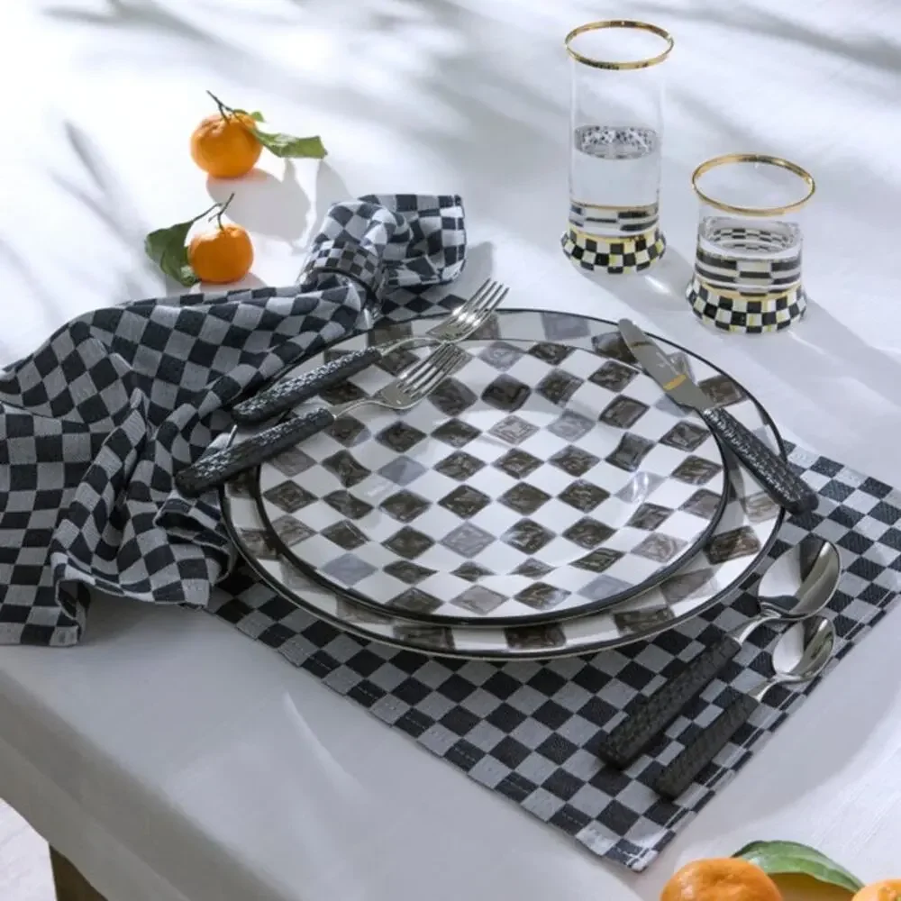 NEW Mackenzie Childs Black Check Cotton Dinner Napkins 18.5 x18.5 Set of 4